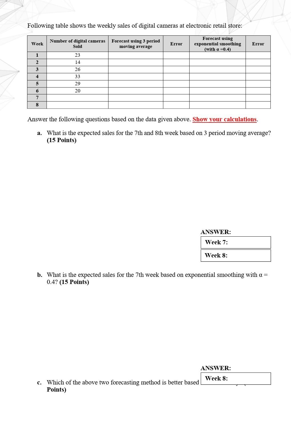 Following table shows the weekly sales of digital