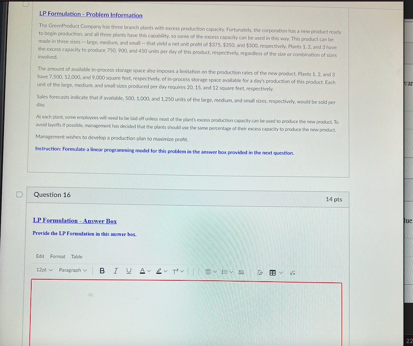 LP Formulation - Problem Information var The