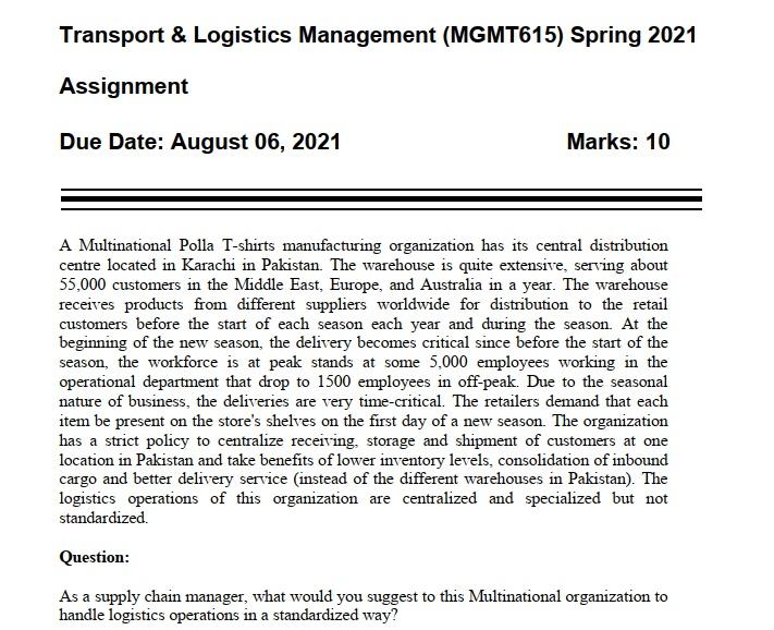 Transport & Logistics Management (MGMT615) Spring