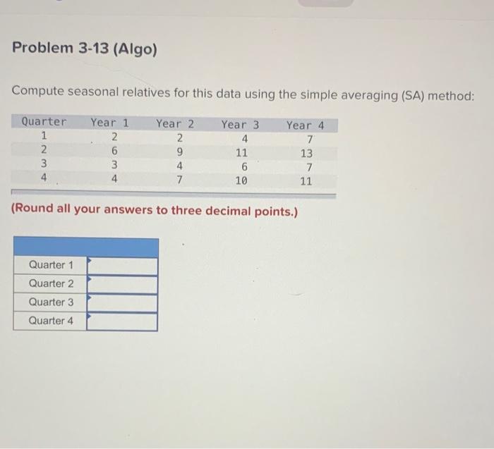 Problem 3-13 (Algo) Compute seasonal relatives