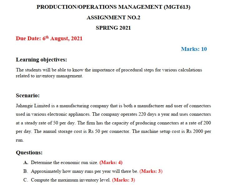 PRODUCTION/OPERATIONS MANAGEMENT (MGT613)