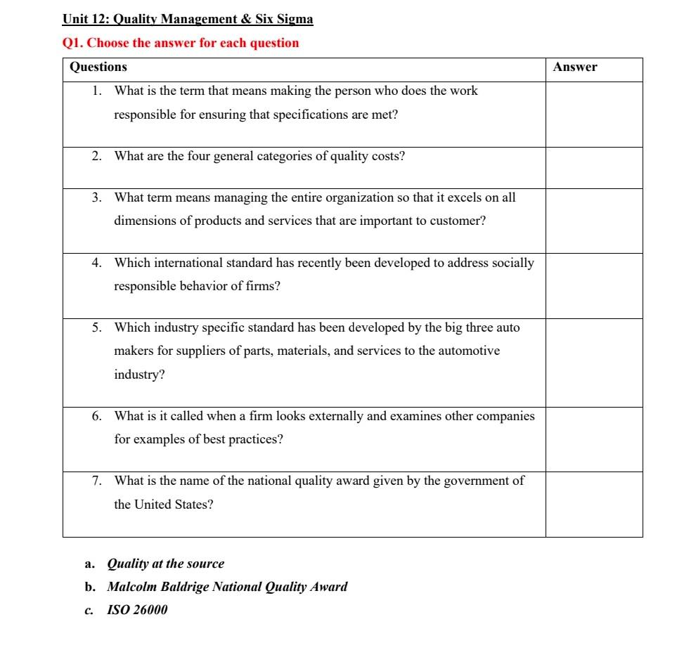 please write in typing Unit 12: Quality