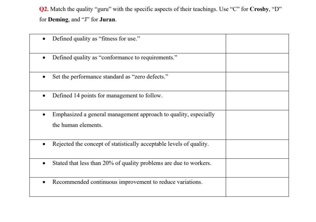 please write in typing Q2. Match the quality guru