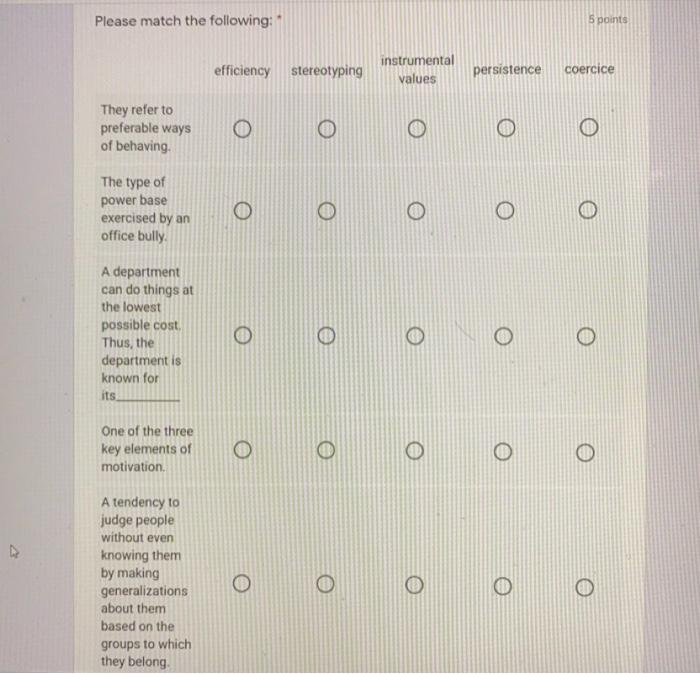 Please match the following: 5 points efficiency