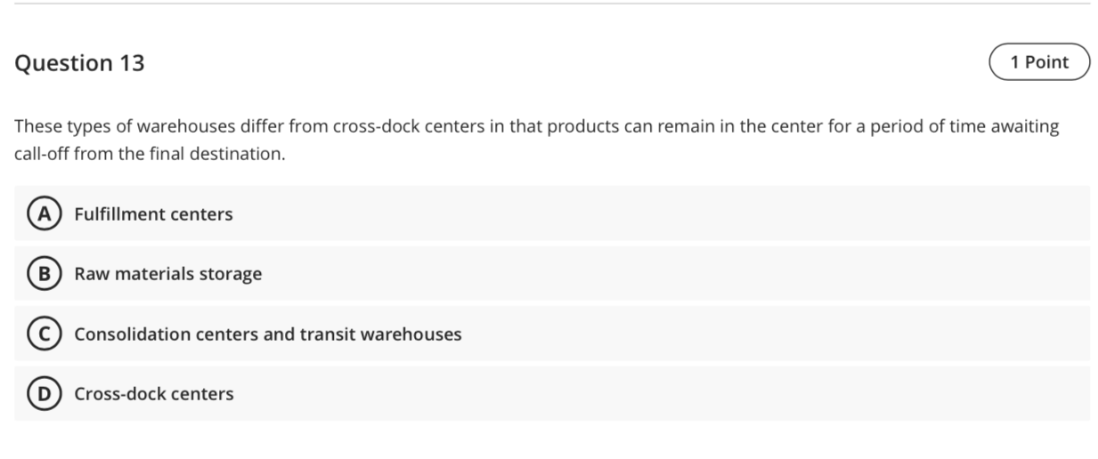 Question 13 1 Point These types of warehouses