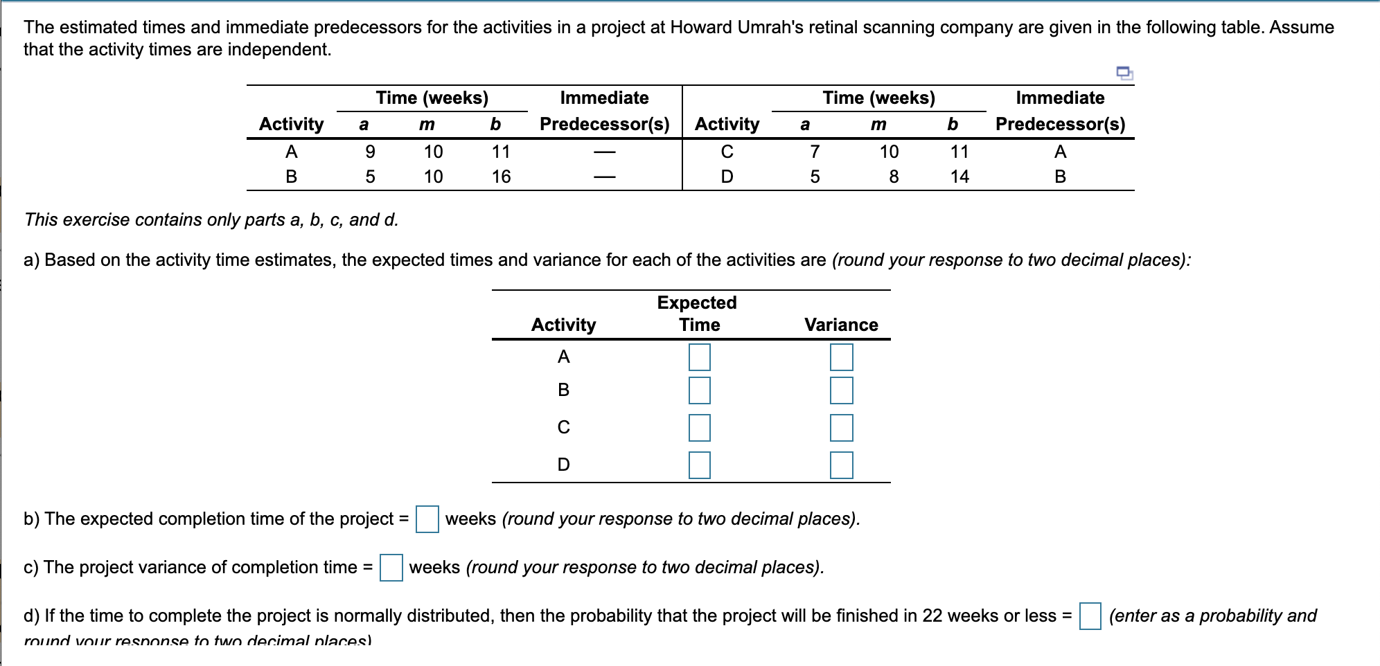 The estimated times and immediate predecessors