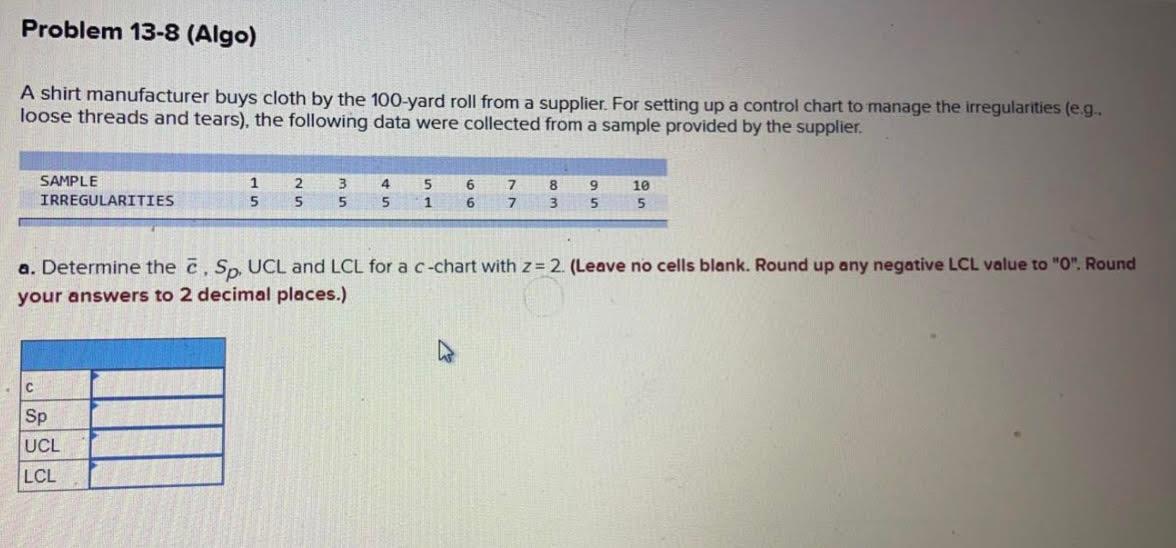 Problem 13-8 (Algo) A shirt manufacturer buys