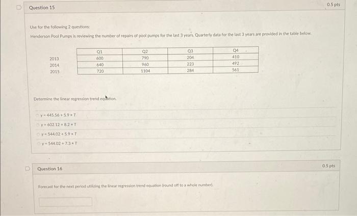 0.5 pts Question 15 Use for the following 2