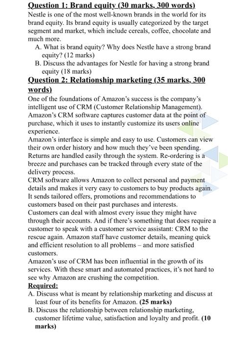 Question 1: Brand equity (30 marks, 300 words).