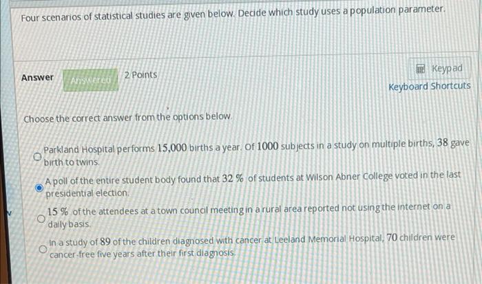 Four scenarios of statistical studies are given