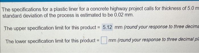 The specifications for a plastic liner for a