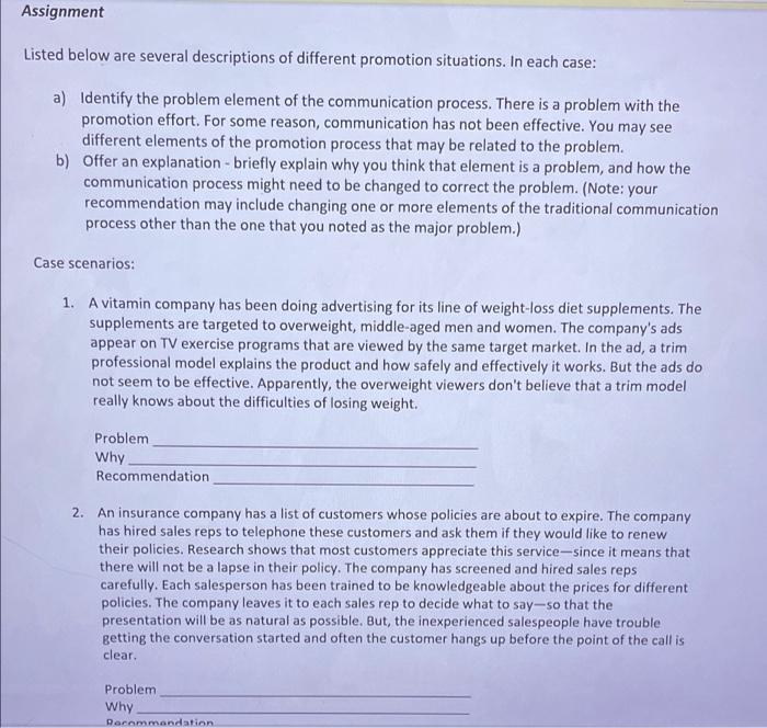 Assignment Listed below are several descriptions