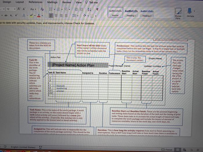 create an action plna or project schedule Project