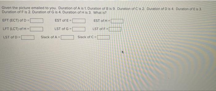 Given the picture emailed to you. Duration of A