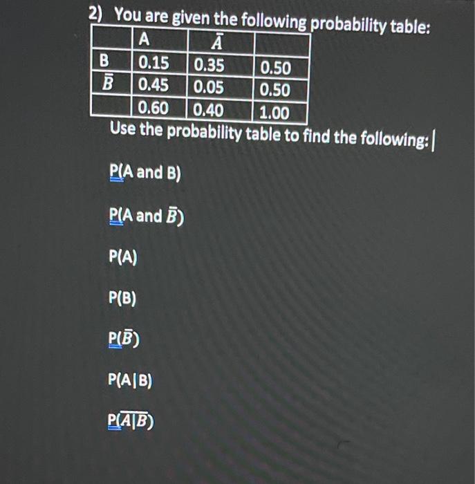 2) You are given the following probability table: