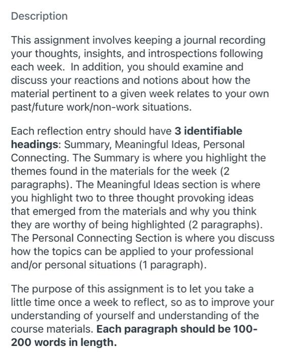 Description This assignment involves keeping a