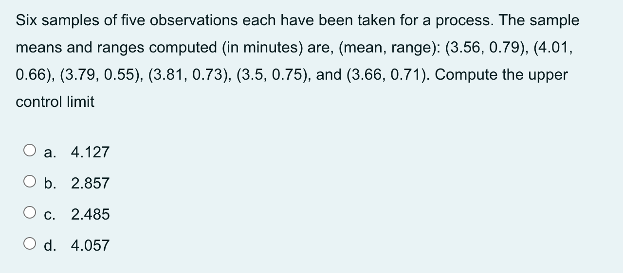 Six samples of five observations each have been
