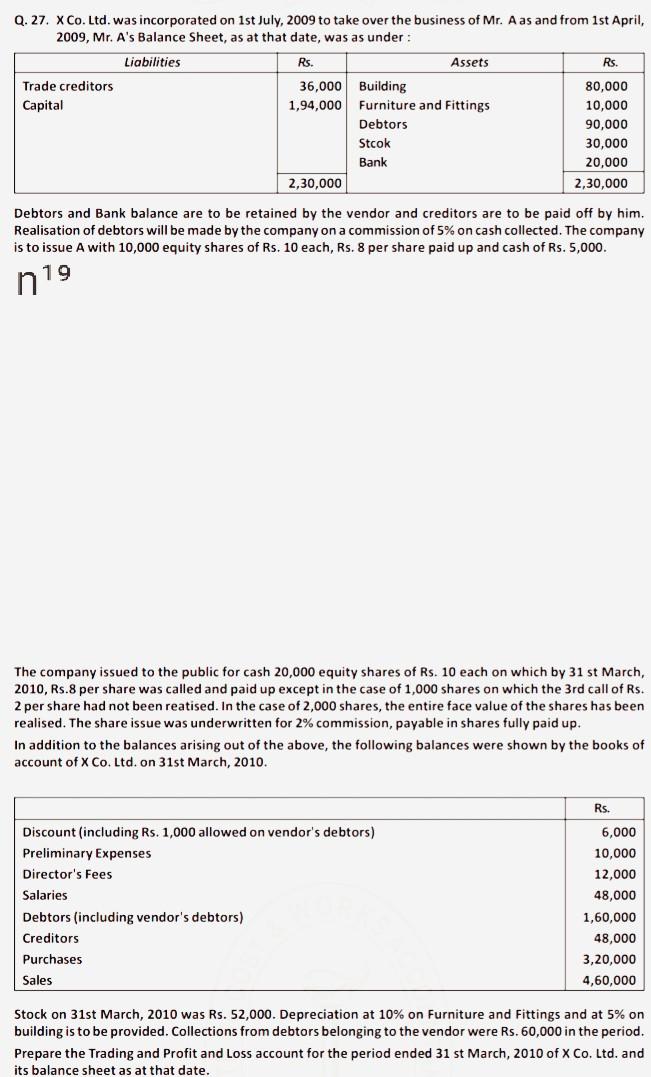 Q. 27. X Co. Ltd. was incorporated on 1st July,