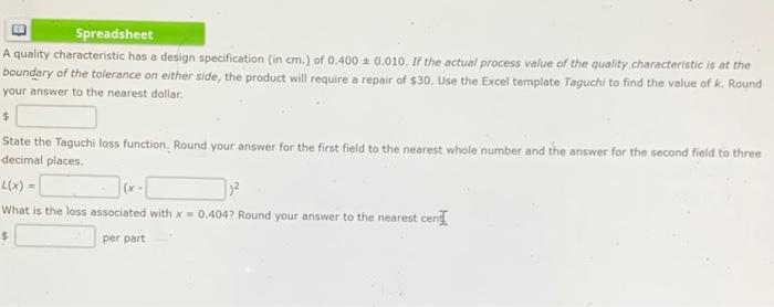 Spreadsheet A quality characteristic has a design