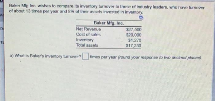 Baker Mfg Inc. wishes to compare its inventory