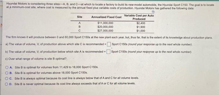 Hyundai Motors is considering three sites-A, B,