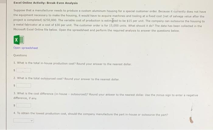 Excel Online Activity: Break-Even Analysis