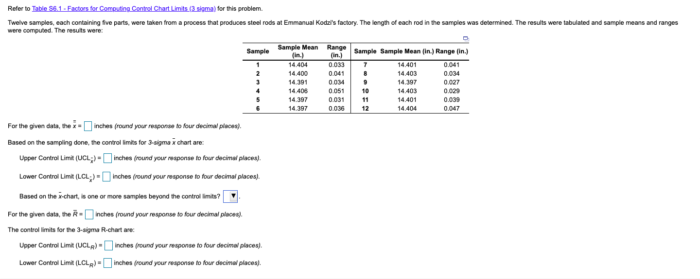 Refer to Table S6.1 - Factors for Computing
