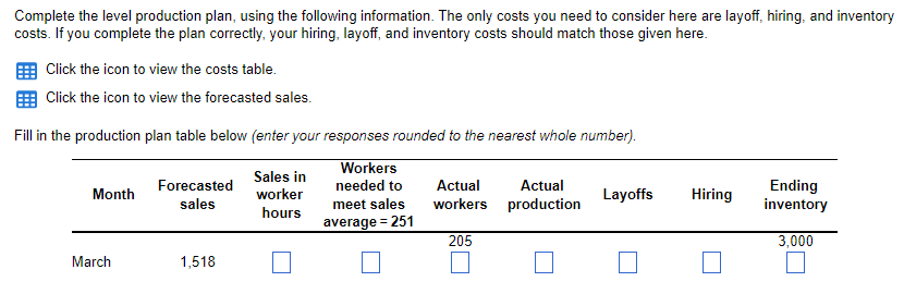 Complete the level production plan, using the