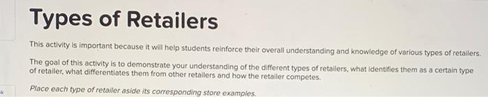 Types of Retailers This activity is important