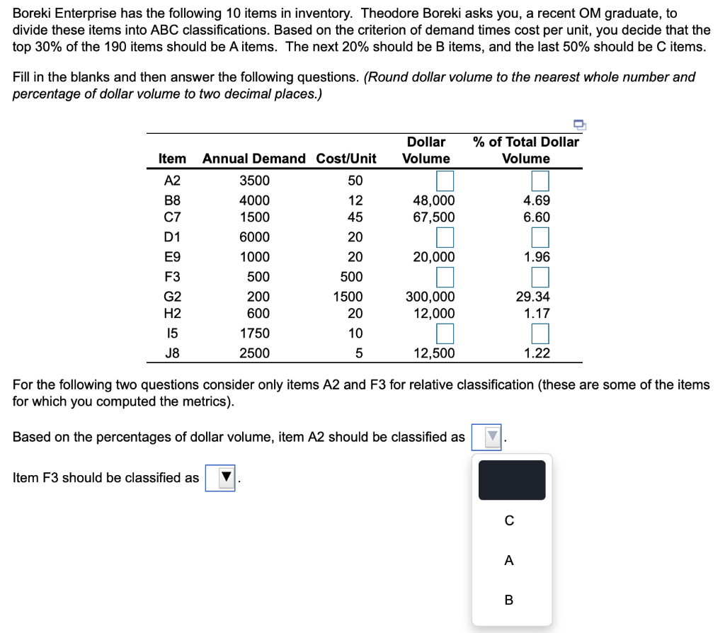 Boreki Enterprise has the following 10 items in