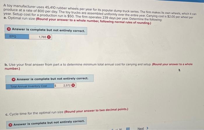 A toy manufacturer uses 45,410 rubber wheels per