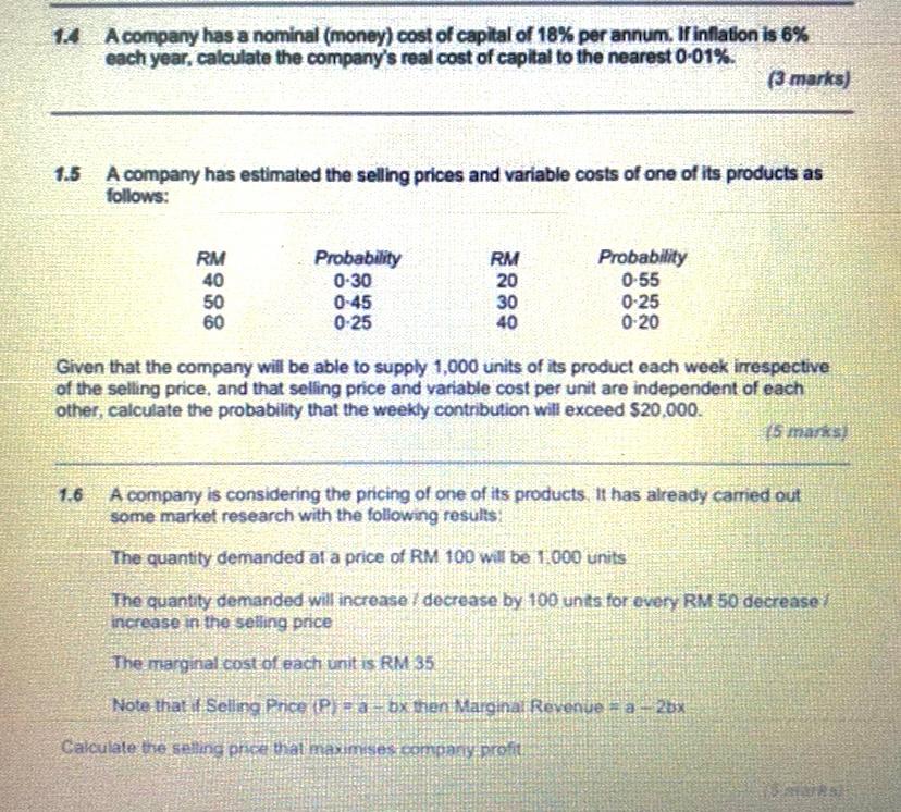 14 A company has a nominal (money) cost of