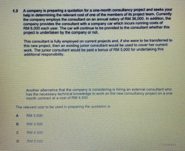 1.3 A company is preparing a quotation for a