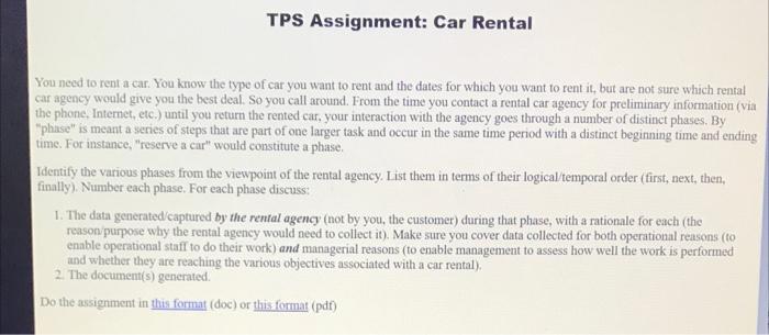 TPS Assignment: Car Rental You need to rent a