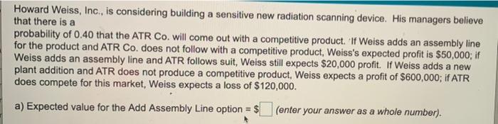 Howard Weiss, Inc., is considering building a