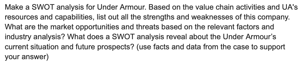 Make a SWOT analysis for Under Armour. Based on