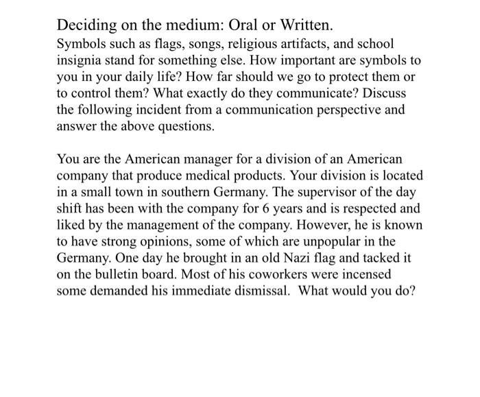 Deciding on the medium: Oral or Written. Symbols