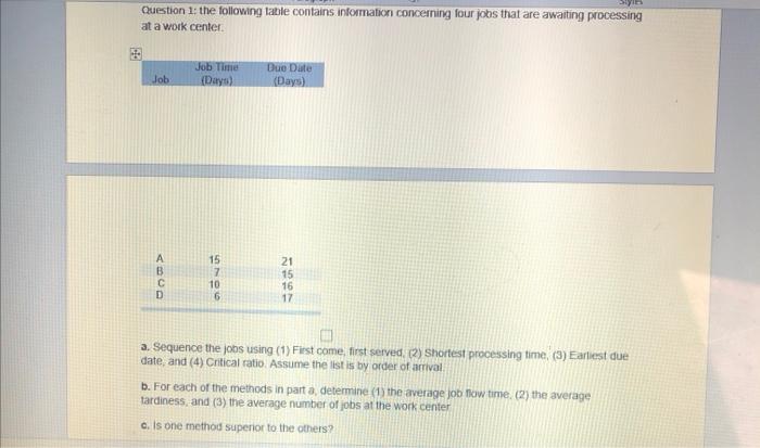 Question 1: the following table contains
