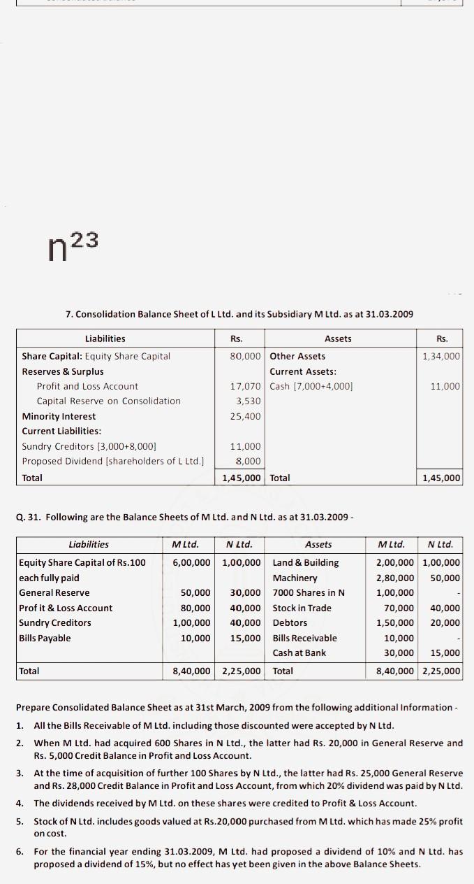 n23 7. Consolidation Balance Sheet of L Ltd. and