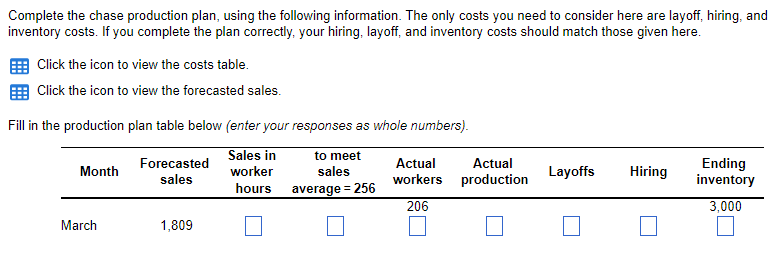 Complete the chase production plan, using the