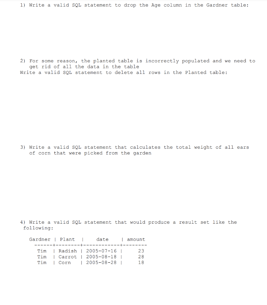 Q) Please use the following GARDEN database to