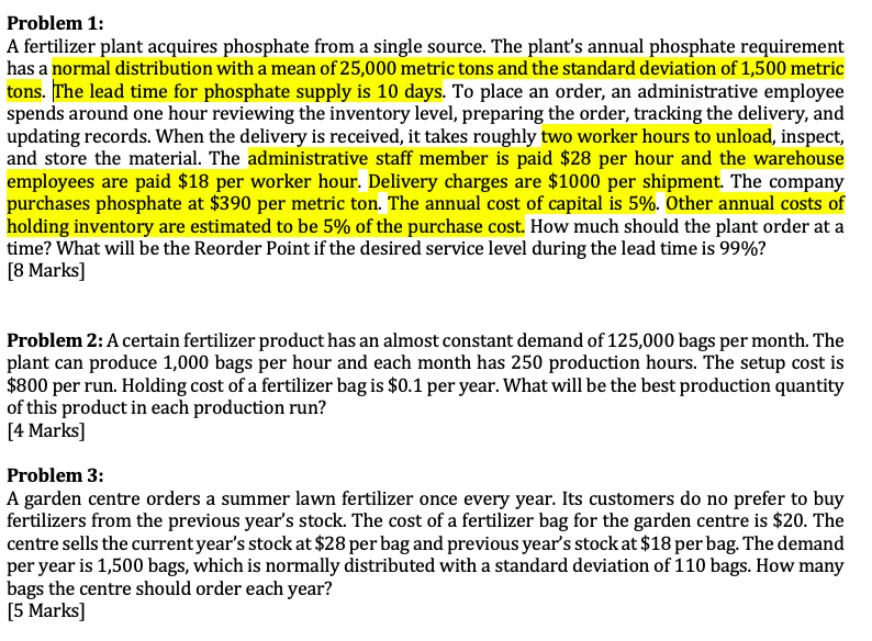 Problem 1: A fertilizer plant acquires phosphate