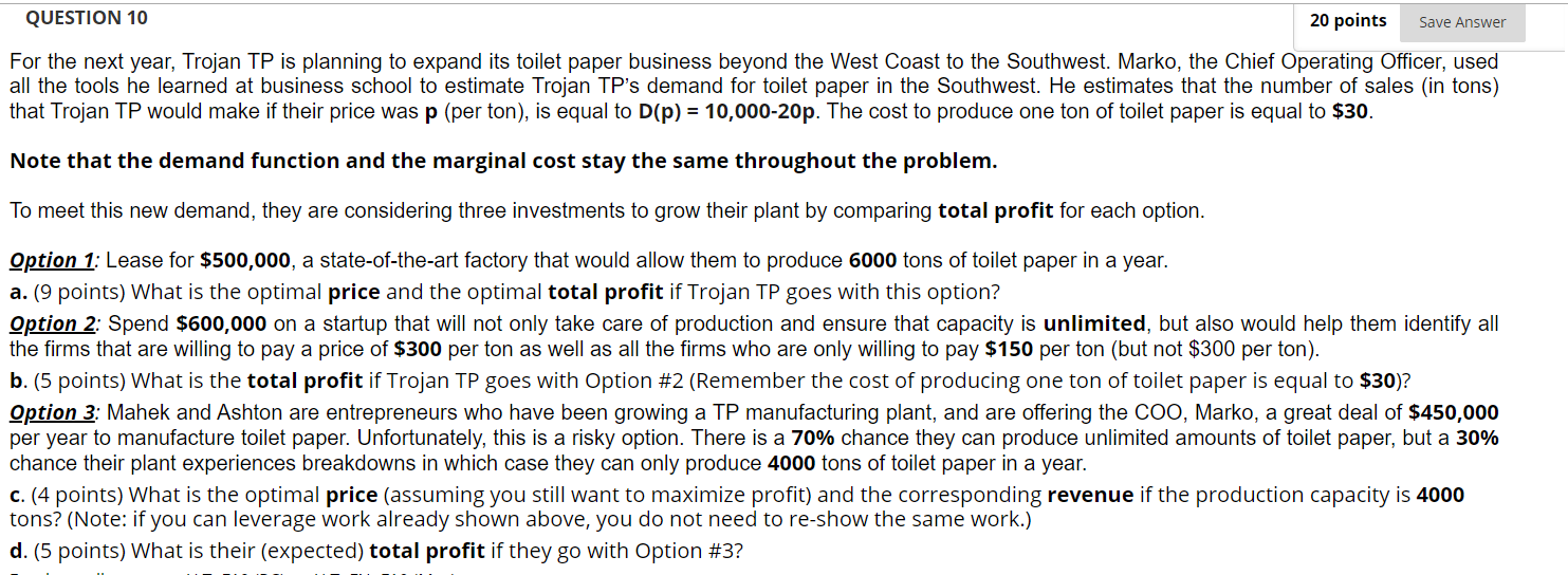 QUESTION 10 20 points Save Answer For the next