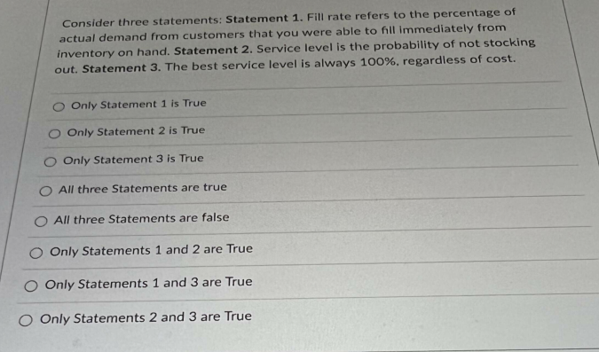 Consider three statements: Statement 1. Fill rate