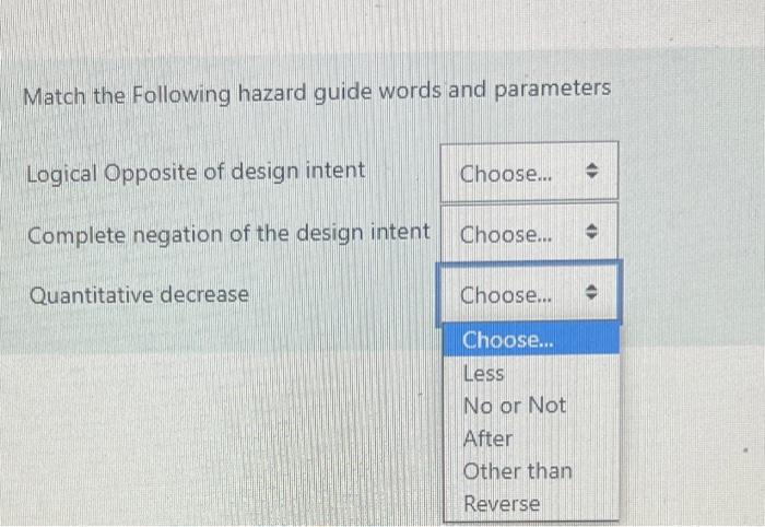 Match the following hazard guide words and