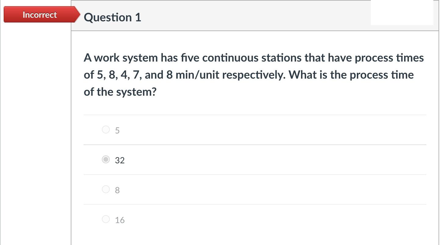 Incorrect Question 1 A work system has five