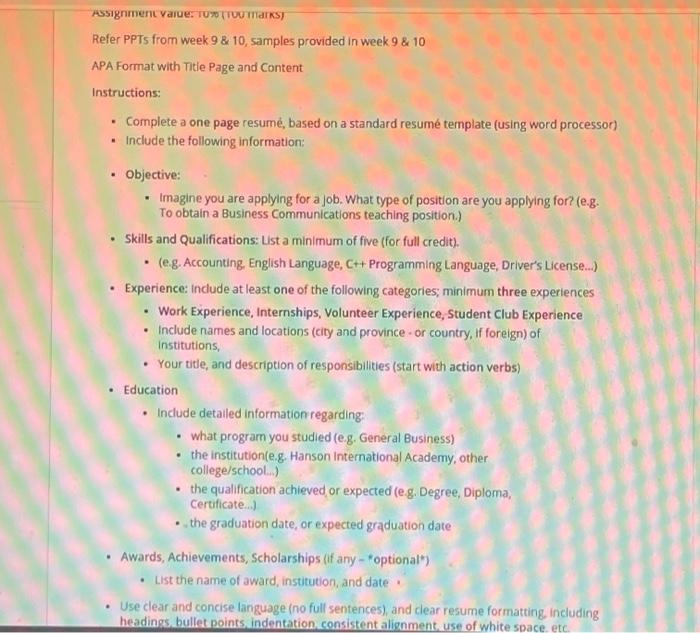 Assignment value: TUTTO marks) Refer PPTs from