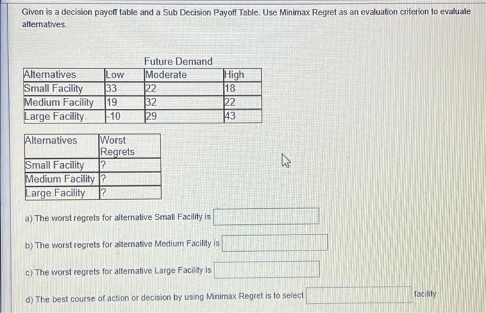 Given is a decision payoff table and a Sub