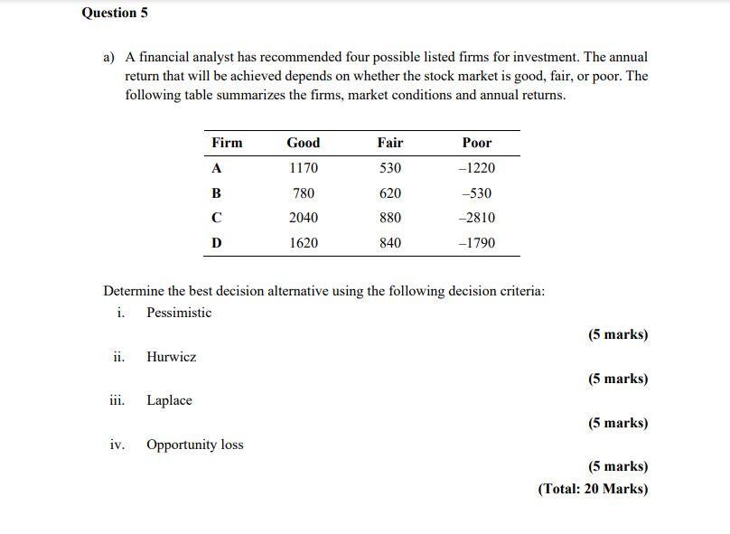 Question 5 a) A financial analyst has recommended
