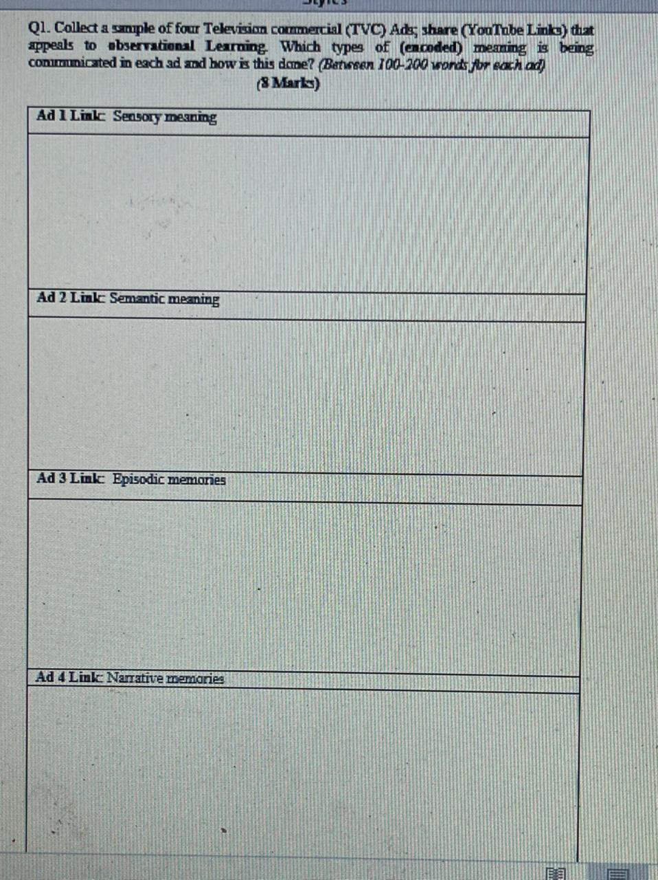 Q1. Collect a sample of four Television